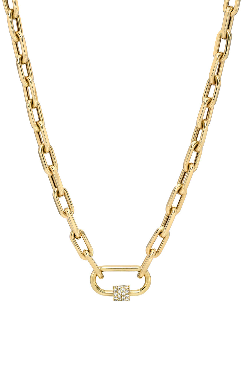 14k Gold Large Open Link Chain with Diamond Carabiner Necklace 
