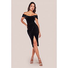 Goddiva Draped Shoulder Velvet Corset Midi Dress Black