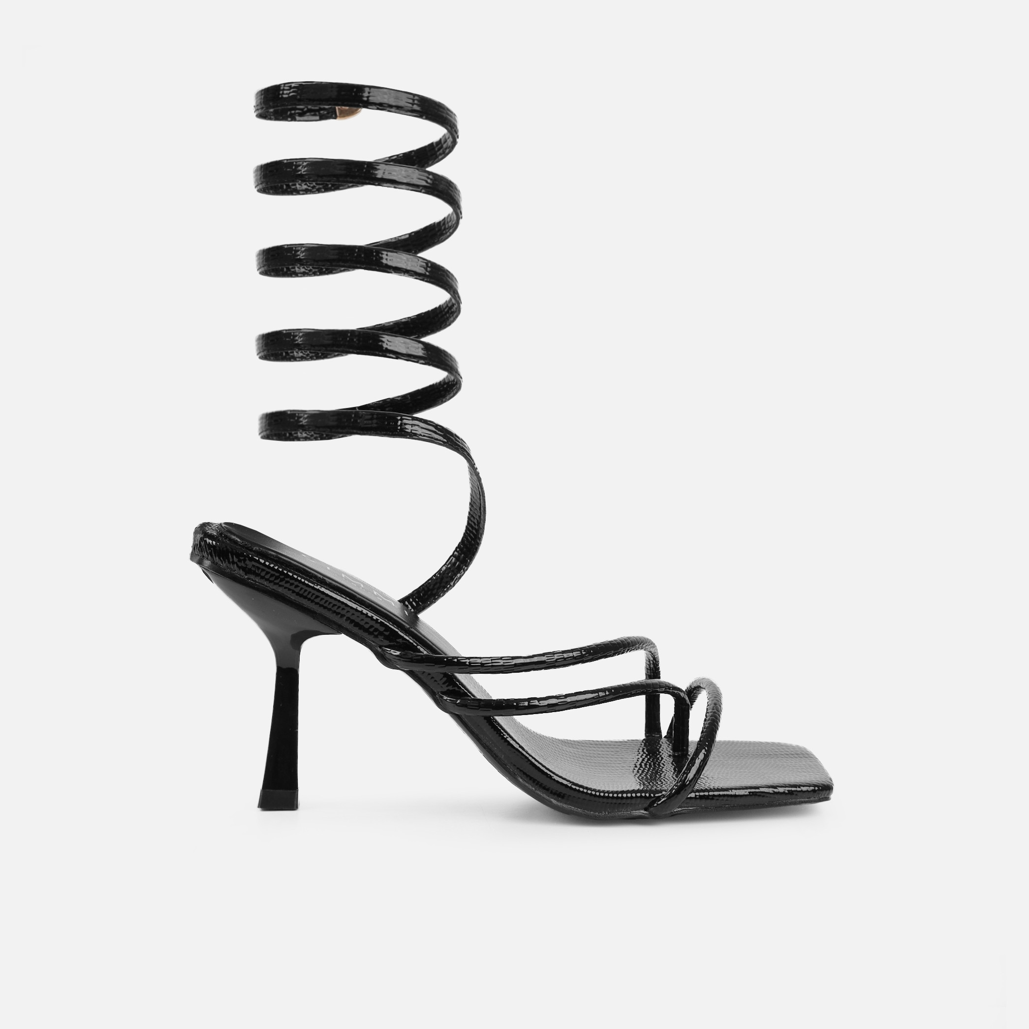 Alii Black Lizard Effect Spiral Mid Heeled Sandals 