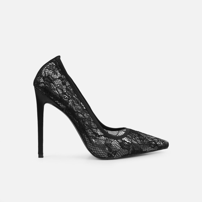 Ausha Black Lace Heeled Court Shoes 