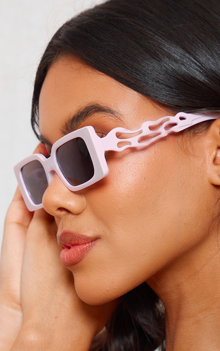 Baby Pink Flame Arm Rectangular Sunglasses 