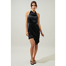 Bachata Satin Asymmetrical Hatler Mini Dress