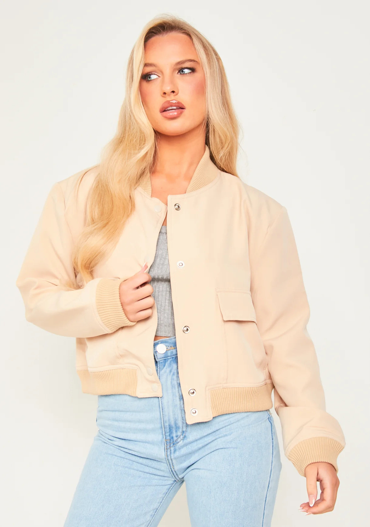 Beige Button Up Cropped Bomber Jacket