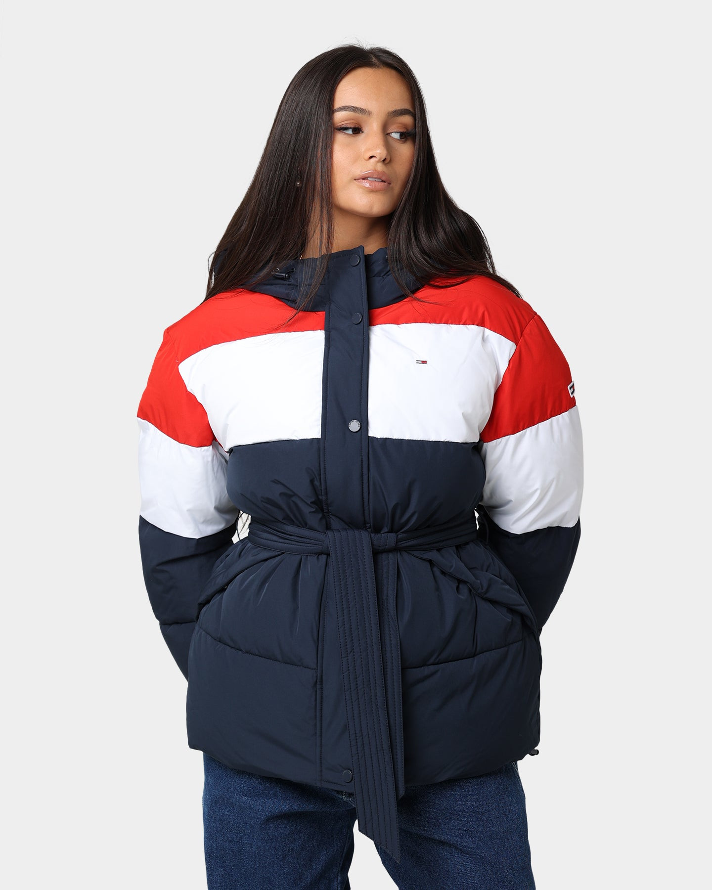 Belted Down Colour-Blocked Puffer Jacket
