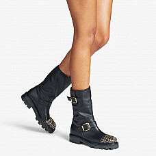 Biker II Black Smooth Leather Biker Boots with Studs