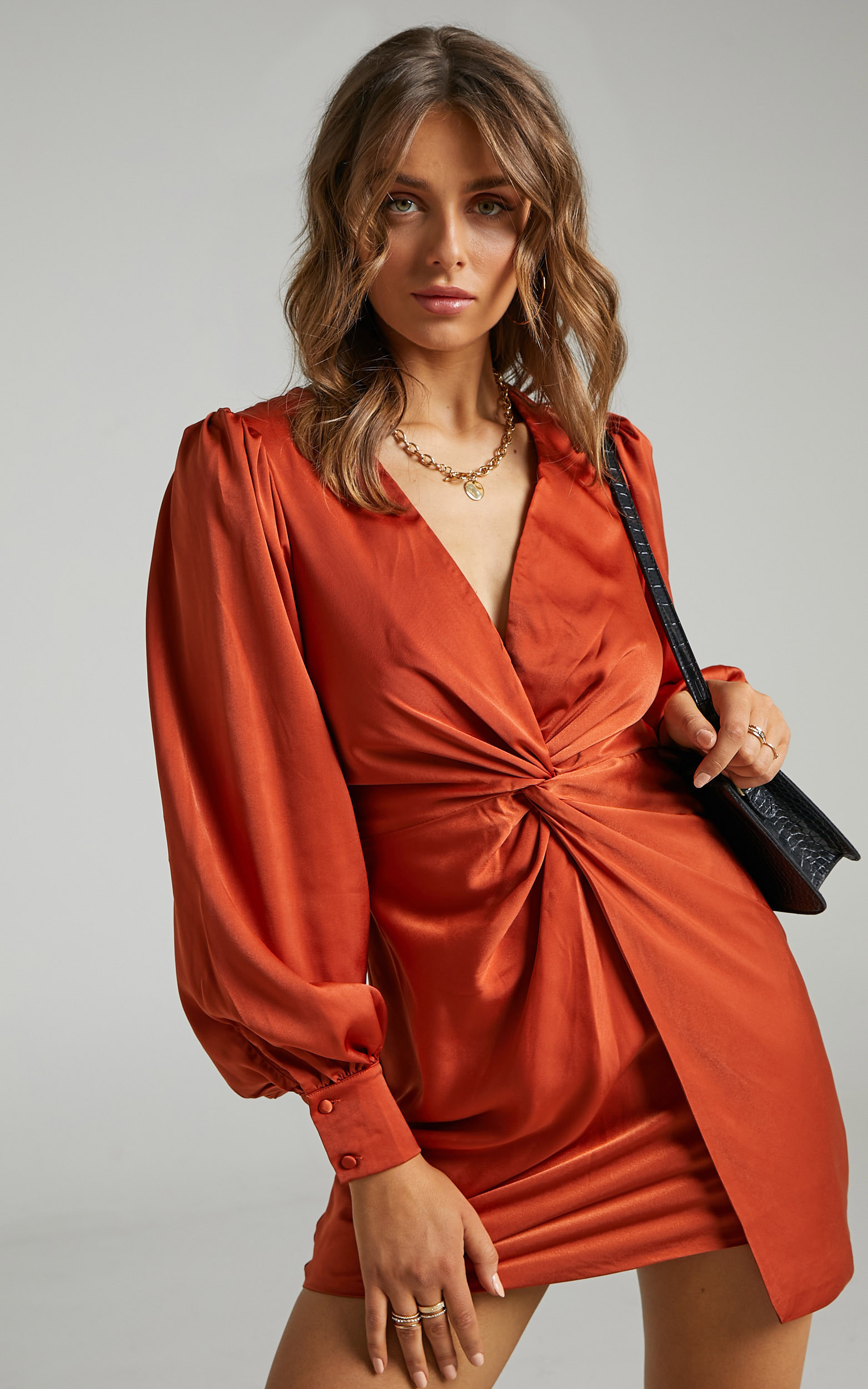 Billie Twist Front Mini Dress With Long Puff Sleeves In Copper 