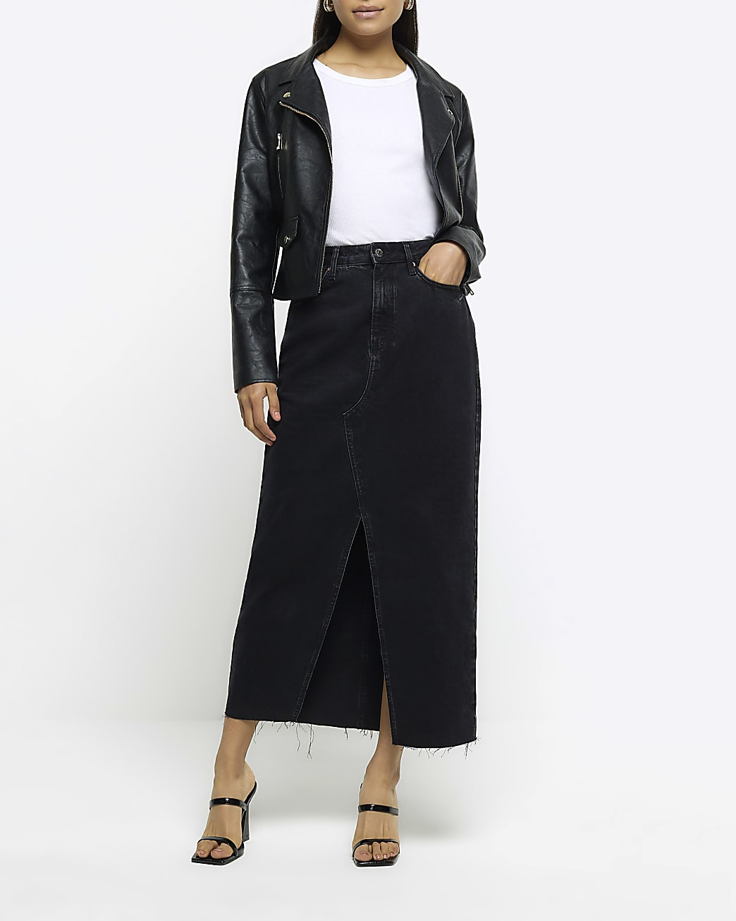 Black Split Front Denim Midi Skirt