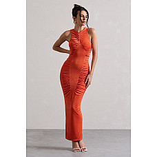 Bombshell Orange High Neck Diamond Ruched Maxi Dress