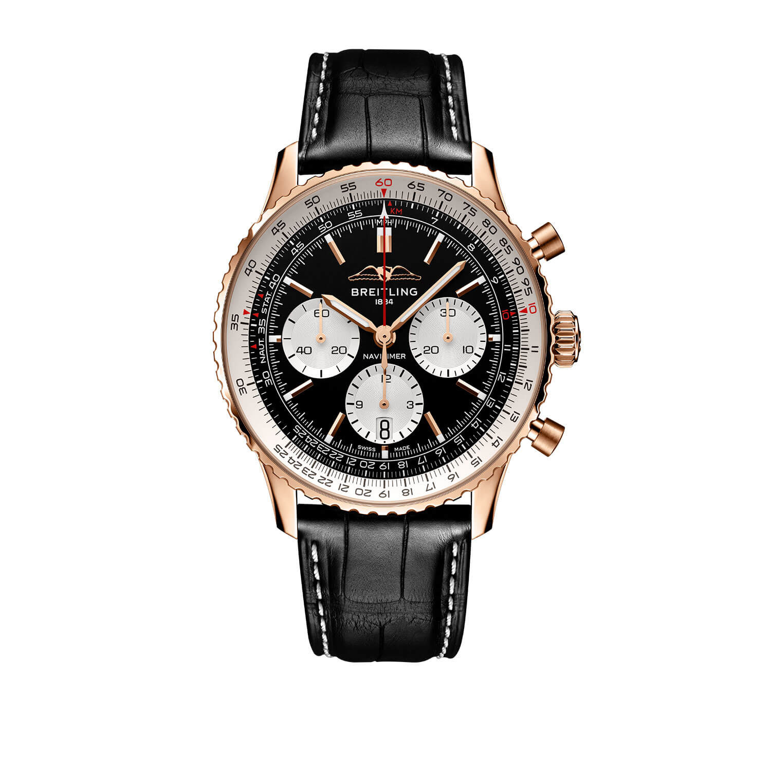 Breitling Navitimer B01 Chronograph Watch 18k Red Gold Case Black Dial Black Leather Strap, 43mm