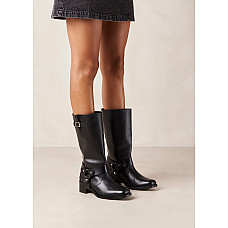 Brushed black knee high boots with buckle straps