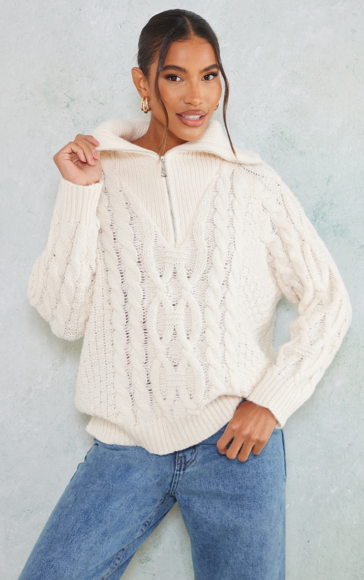 Cream Half Zip Cable Knitted Sweatshirt