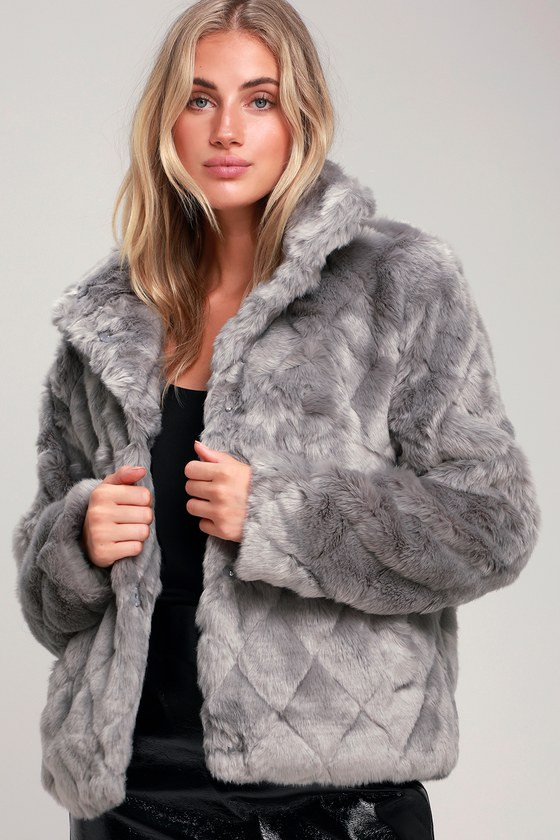 DAndra Grey Quilted Faux Fur Jacket