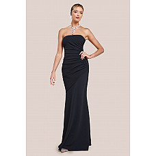 Goddiva Scuba Crepe Bandeau Maxi With Diamante Necklace - Black