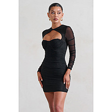 Daiquiri Black Ruched Cut Out Mini Dress With Long Sleeve 