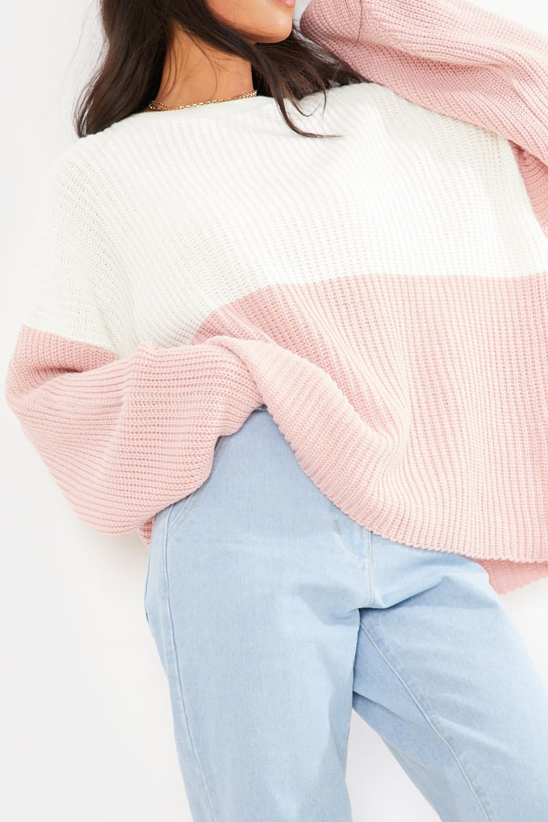 Dani Dyer Pink And White Colour Block Jumper 