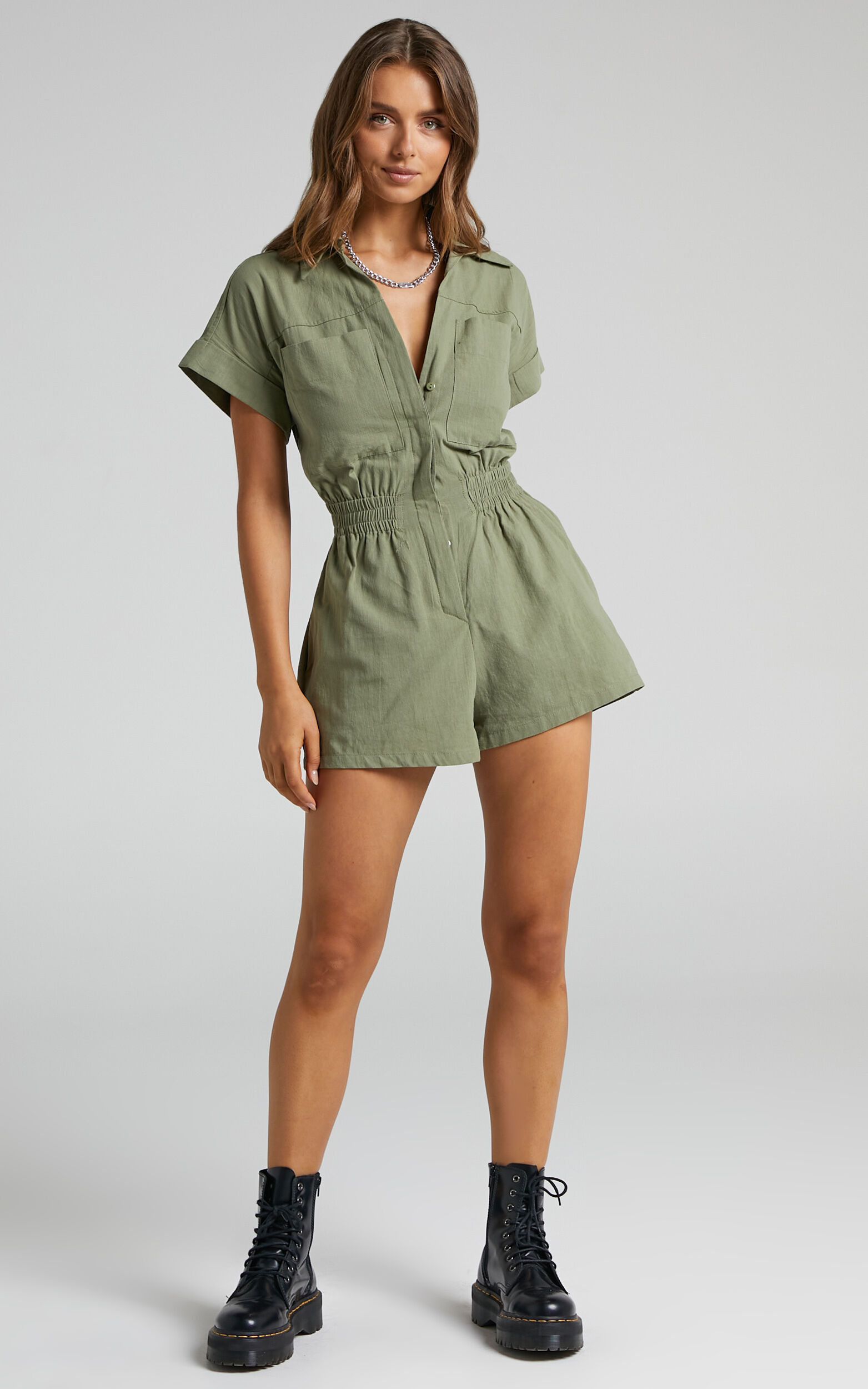 Daralyn Collared Button Down Utility Playsuit In Khaki 