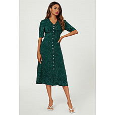 Dot Print Button Front Midi Dress In Green