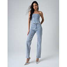 Diamante Straight Fit High Rise Denim Jeans Blue