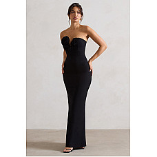 Enticed Black Strapless V-Neck Maxi Dress With Flowers 