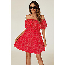 FS Collection Polka Dot Bardot Frill Mini Dress In Red