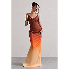 Fiji Orange Ombre Satin Cowl Neck Strappy Maxi Dress 