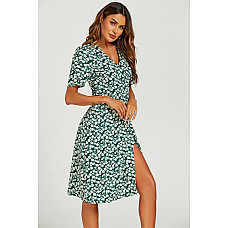 Floral Print Button Tea Midi Dress In Green