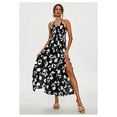 Floral Print Tie Halterneck Back Detail Maxi Dress In Black