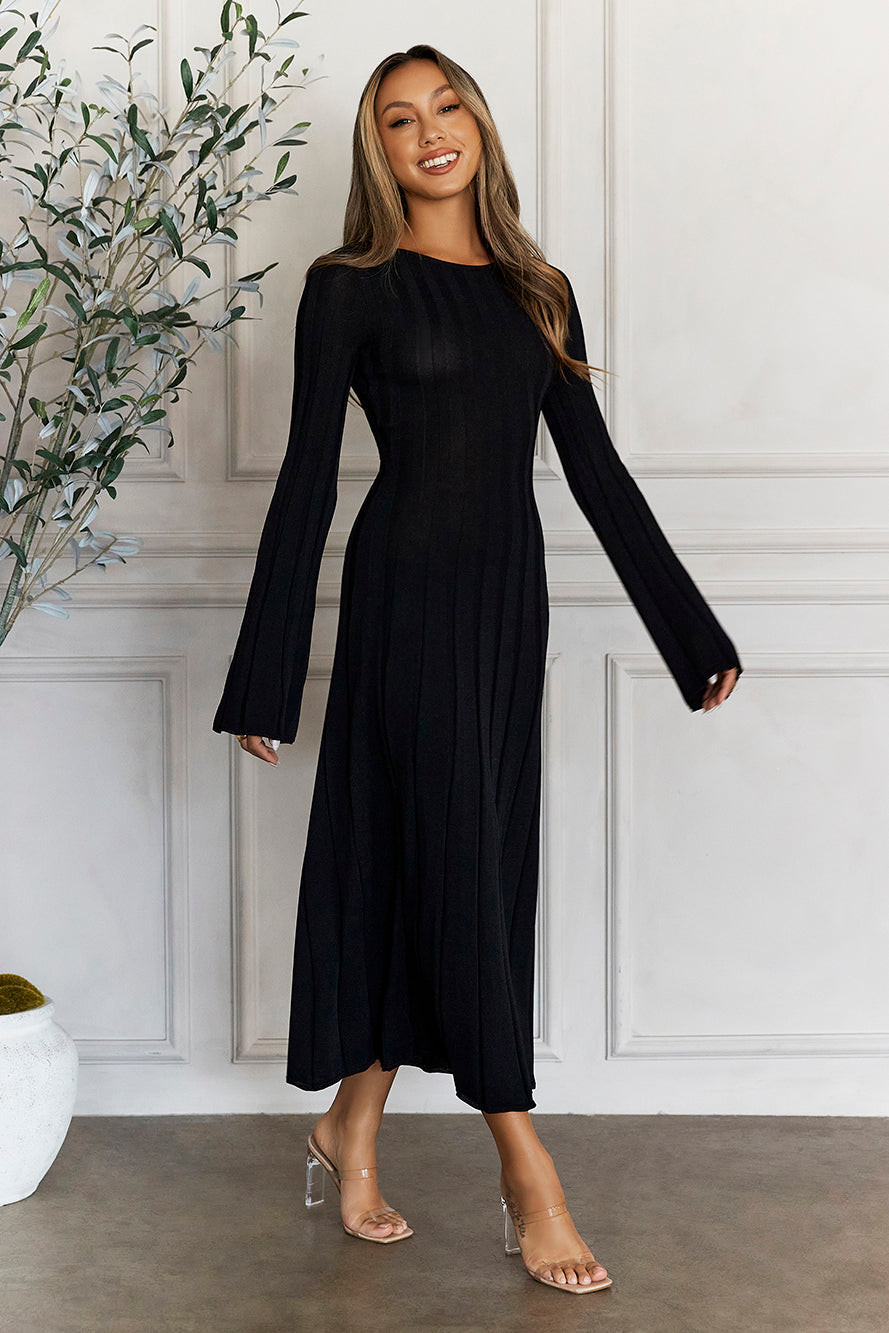 HELLO MOLLY Creating Icons Ribbed Long Sleeve Midi Dress Black
