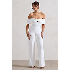 Harleen White Bow Bardot Wide-Leg Jumpsuit