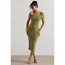 Hawaii Olive Asymmetric One-Shoulder Split Midi Dress