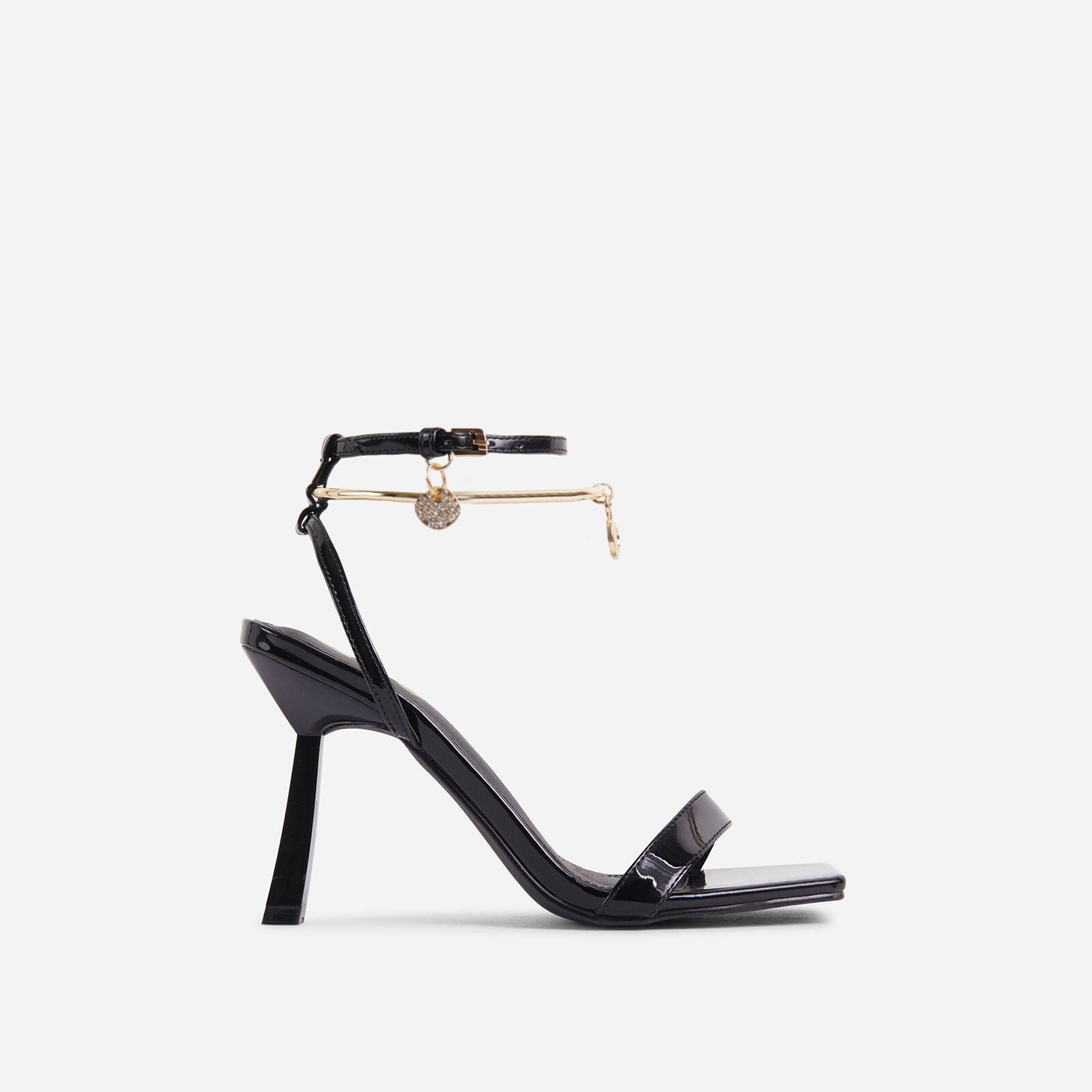 Heart Of Gold Diamante Ankle Band Detail Square Toe Slanted Heel In Black Patent 