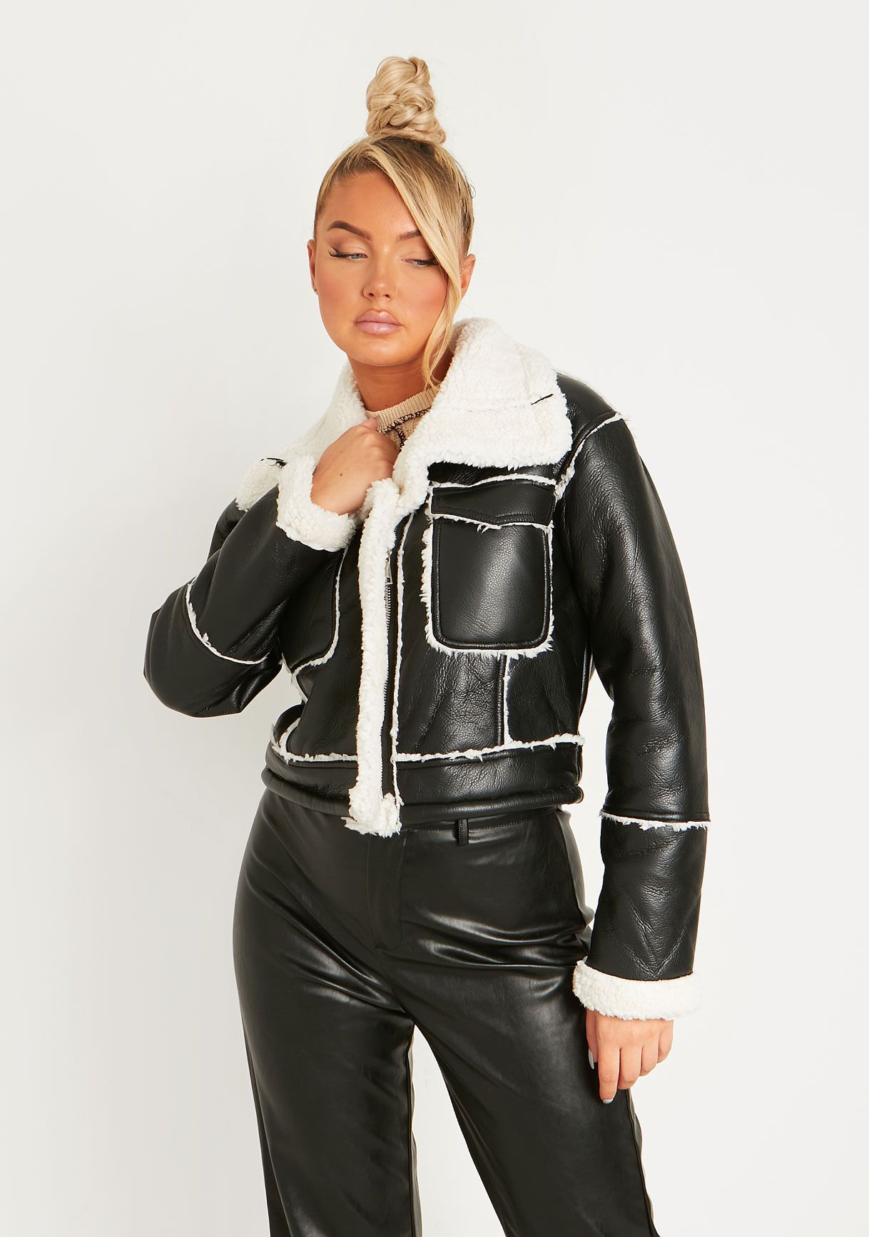 Jenna Black Faux Leather Contrast Fur Stitch Aviator Jacket