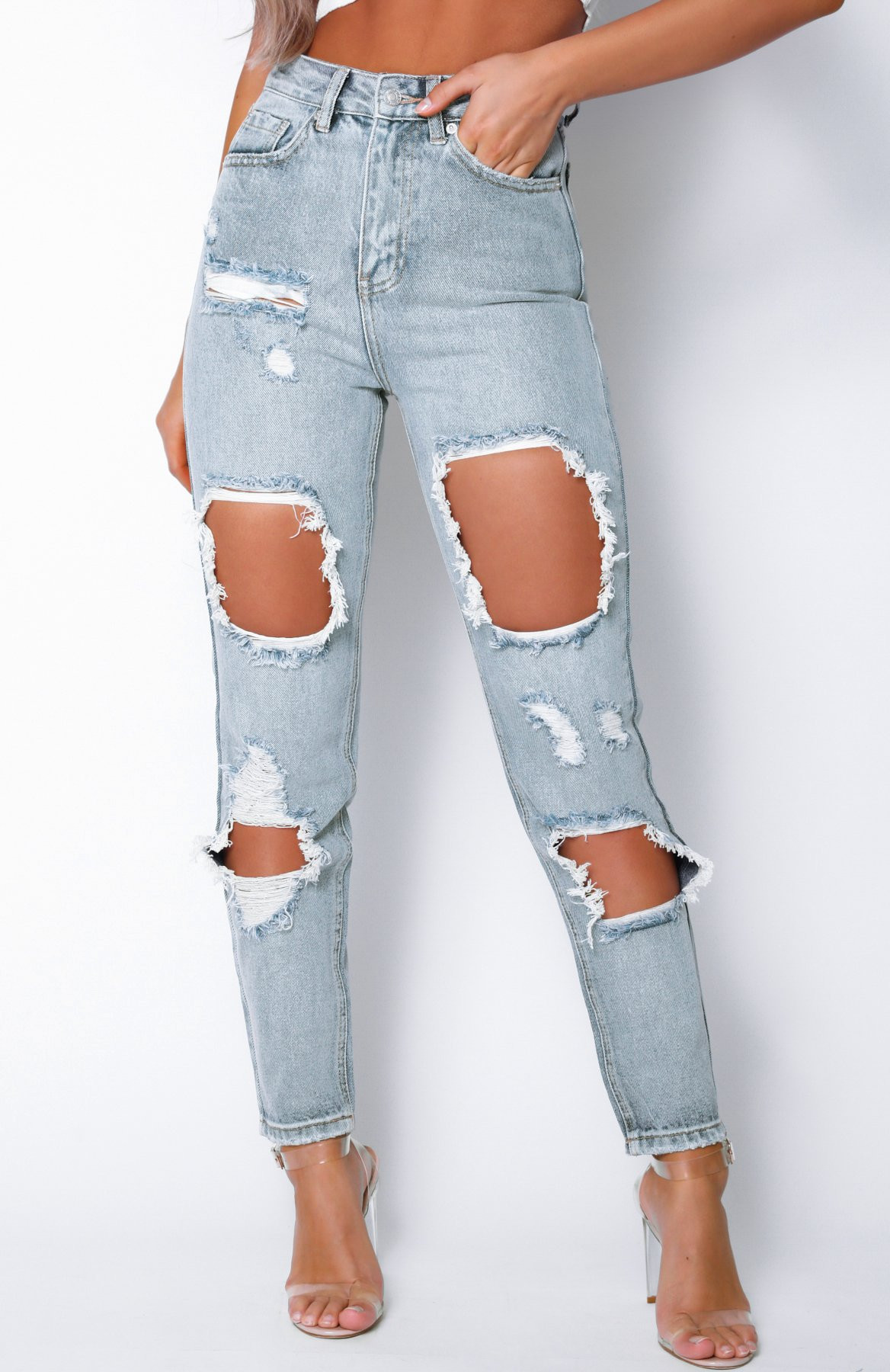 Let's Bounce Distressed Jeans Washed Blue Denim
