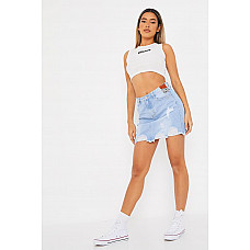 Light Wash Distressed Hem Denim Skirt