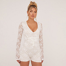 Long Sleeve Plunge Lace Up Playsuit in White Lace 