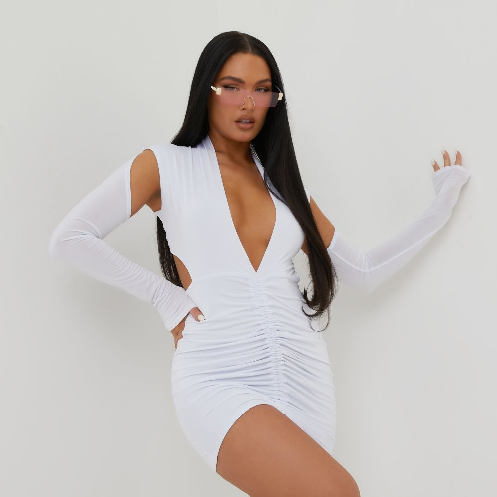 Long Sleeve Ruched Detail Cut Out Plunge Bodycon Dress In White 