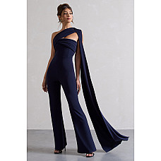 Lorah Navy Asymmetric Wide Leg Jumpsuit With Sash 