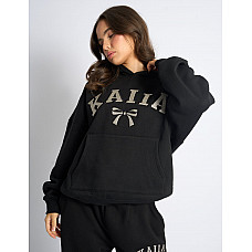 Kaiia Bow Embroidered Oversized Hoodie Black & Silver