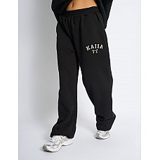 Kaiia Bow Embroidered Ribbed Waistband Wide Leg Joggers Black & Silver