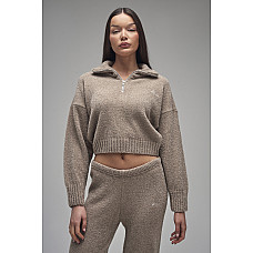 Kaiia Knit Fold Over Collar Quilted Zip Sweater Taupe