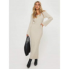 Malletti Long Sleeve Maxi Dress Beige