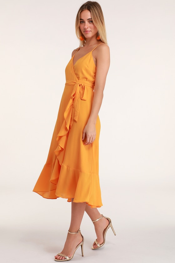Manhattan Moment Bright Orange Ruffled Midi Wrap Dress