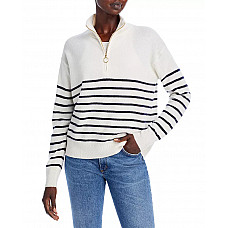 Mock Neck Quarter Zip Striped Cashmere Sweater 