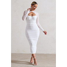 Mojito White Ruched Cut Out Long Sleeve Midi Dress 