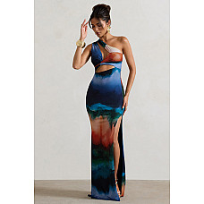 Mykonos Multi blur Print Aymmetric Cut Out Split Maxi Dress 