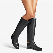 Nell Knee Boot Flat Black Soft Vachetta Knee-High Boots with Chain