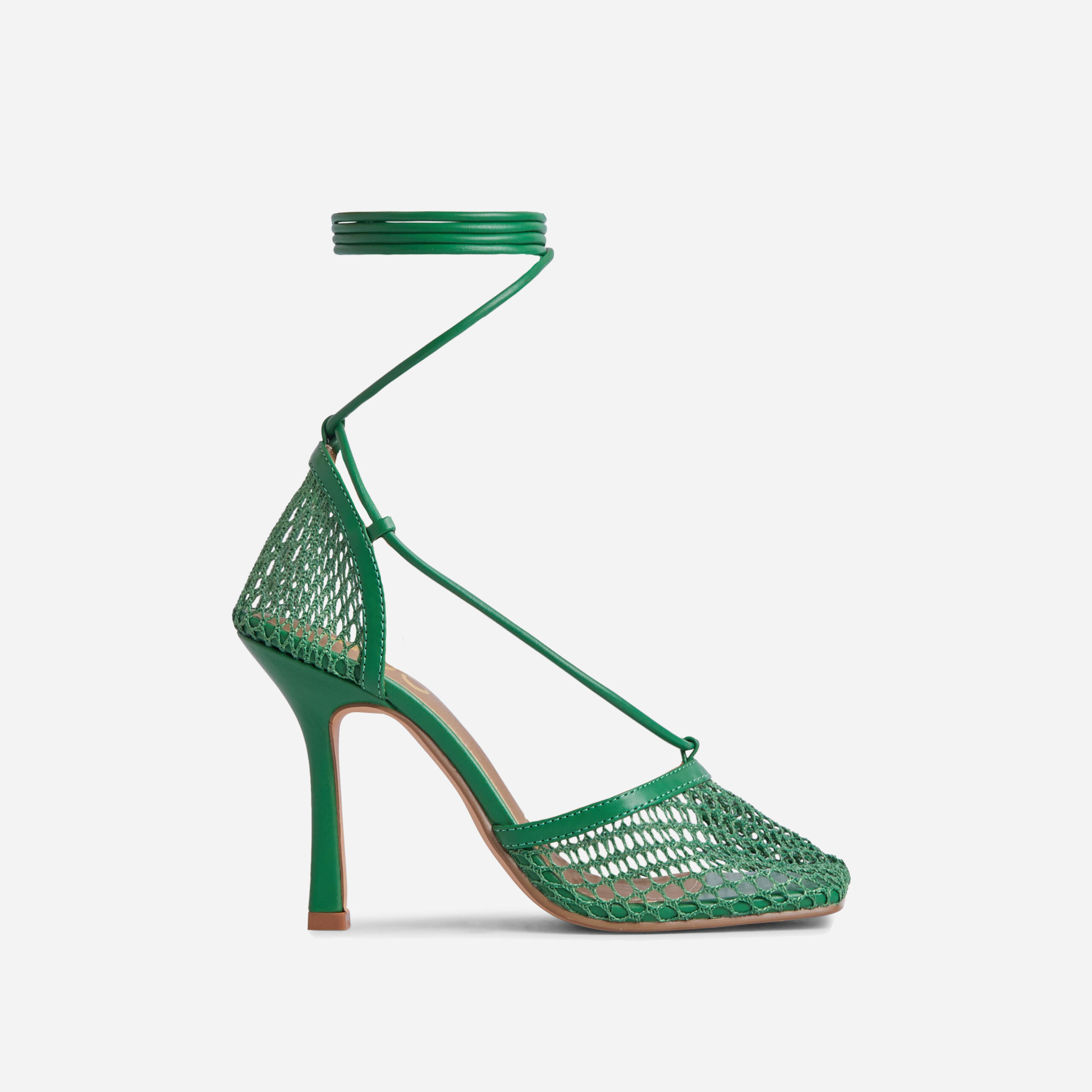 New Me Lace Up Square Toe Court Heel In Green Fishnet 