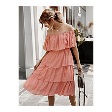 Off The Shoulder Bardot Frill Tiered Dress In Peach Polka Dot