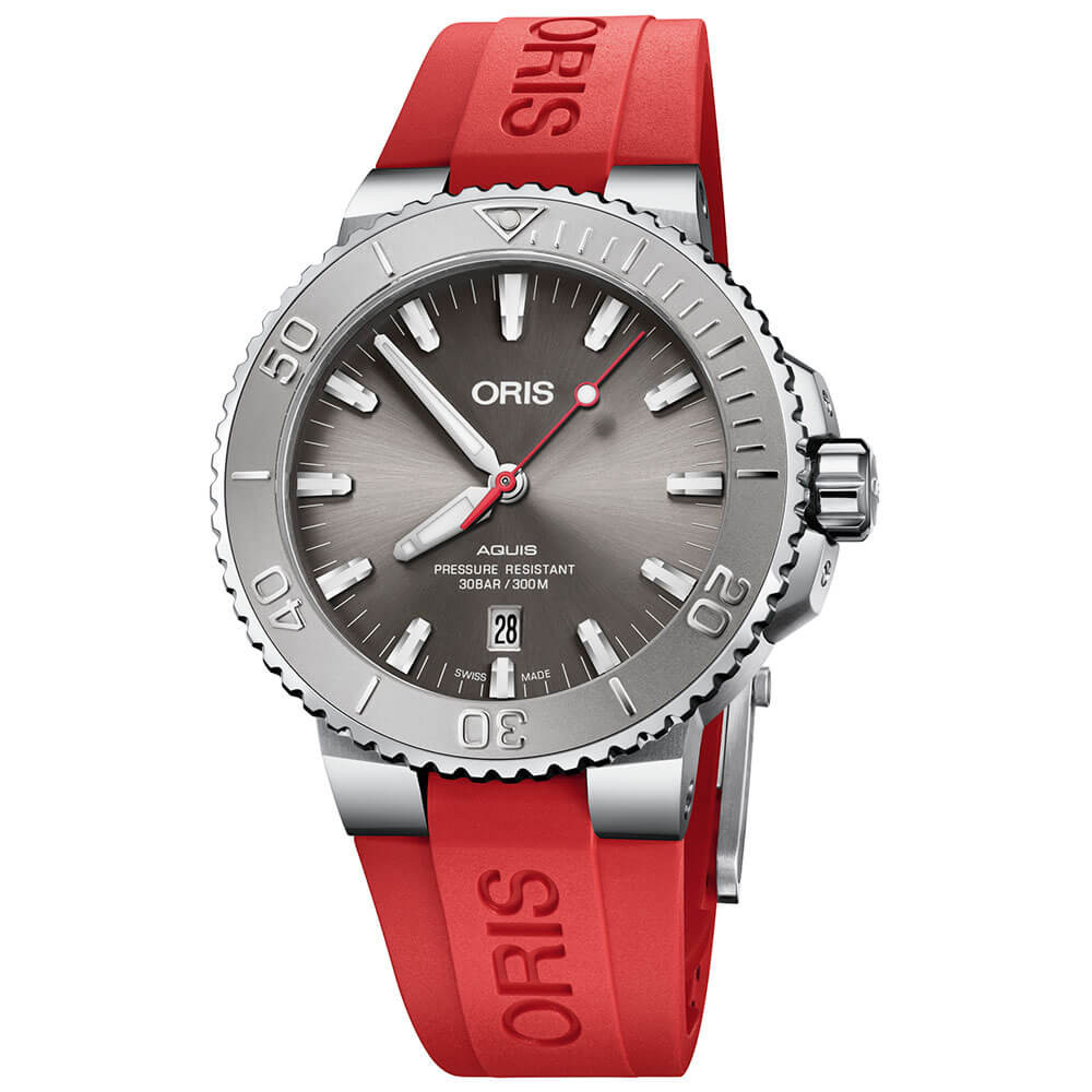 Oris Aquis Relief Grey & Red Rubber Steel Watch Date
