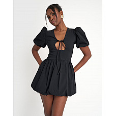 Cut Out Puff Sleeve Bubble Hem Mini Dress Black